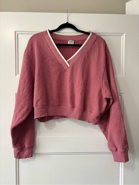 PINK Victoria's Secret Rose-Pink V‑Neck Sweatshirt with Cream Trim Size XL